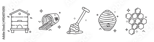 A comprehensive set of black outline icons representing diverse beekeeping elements, including modern and traditional beehives, a honey dipper, and honeycomb, suitable for educational