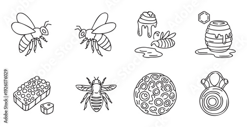 Simple line drawing collection depicting various honey bees, dripping golden honey, honeycombs, and beehives, perfect for educational materials, packaging, or nature themed projects