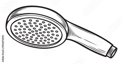 Simple and clear black and white line drawing of a shower head, perfect for illustrating bathroom plumbing fixtures, home renovation guides, and personal hygiene product advertisements.