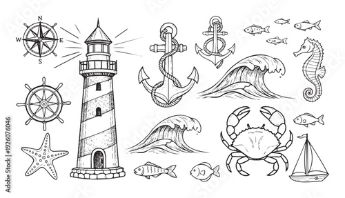 Handdrawn collection of marine and nautical symbols featuring a lighthouse, anchors, ships wheel, compass, and ocean creatures, perfect for seaside promotions and learning.