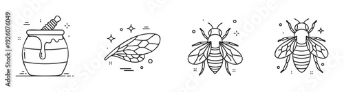Minimalist black outline drawings of a honey container with a wooden dipper, elegant insect wing, and full body honeybees are ideal for natural product branding, educational resources, and