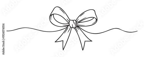 Elegant black line drawing of a decorative bow with a flowing ribbon creates a stylish graphic suitable for celebratory events, gift wrapping accents, or festive occasion marketing