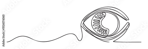 Continuous line drawing depicting human eye anatomy with internal structures like the lens for medical education, healthcare presentations, and optometry clinic branding materials