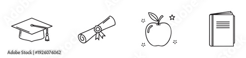 Essential education and academic success handdrawn line icons for school project resources and learning achievement designs, perfect for university and high school themes.