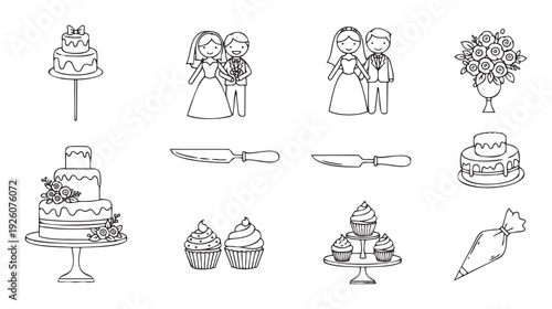 Collection of wedding celebration and dessert baking outline icons including bride groom cake knives cupcakes and flowers for event planning and bakery advertising