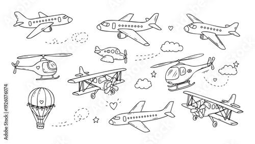 Hand drawn air vehicles collection featuring passenger planes helicopters biplanes and hot air balloon doodles perfect for childrens books school projects or travel themed decorations