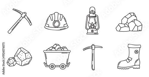 Collection of mining equipment and mineral resources perfect for industry websites, educational materials, and safety infographics depicting excavation processes and worker gear