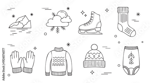 Collection of winter weather and cold season clothing and activity icons for graphic design projects, seasonal promotions, web applications, and educational materials.