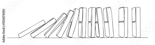 Continuous line drawing of falling dominoes depicting a chain reaction and cause effect concept, ideal for presentations, business reports, or illustrating risk and momentum.