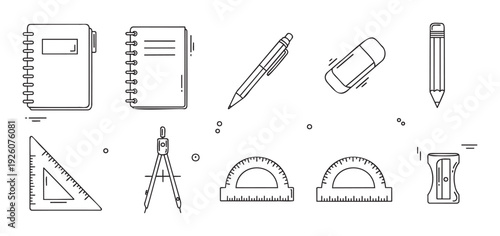 Collection of school and office supplies in minimalist line art style perfect for educational resources stationery design or back to school promotions.
