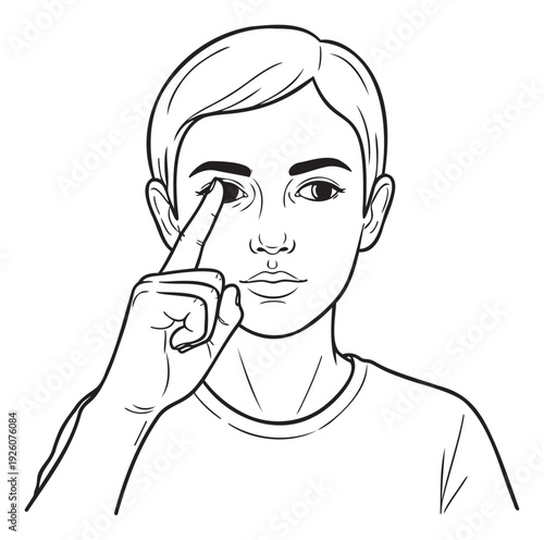 Young person examining their own eye by gently pulling down the lower eyelid with an index finger, suitable for healthcare, wellness, and educational content.