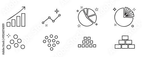 Hand drawn business data visualization icons featuring growth bar charts, success line graphs, statistical pie diagrams, and quantity symbols ideal for presentations and financial analysis.