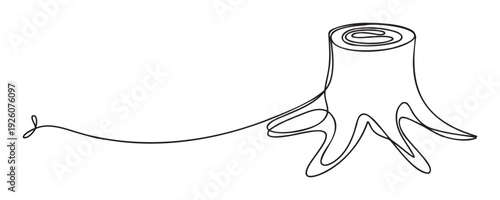Simple continuous line drawing of an old tree stump with visible roots, perfect for ecofriendly projects, environmental awareness campaigns, or minimalist naturethemed graphic designs.