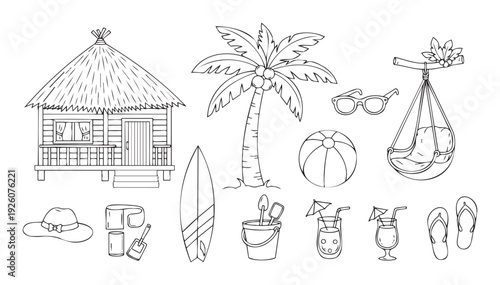 A delightful collection of tropical holiday essentials including a charming beach hut, swaying palm tree, vibrant beach accessories, refreshing cocktails, and stylish flipflops, perfect for