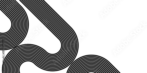 Contemporary abstract stripe composition with curved perspective lines and depth effect in black and white.