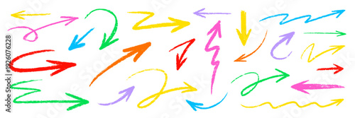 Arrow pencil brush crayon set. Arrow line hand drawn sketch with chalk marker stroke texture grunge pastel color. Fun kid doodle swirl spiral underline check symbol childish cute. Vector illustration
