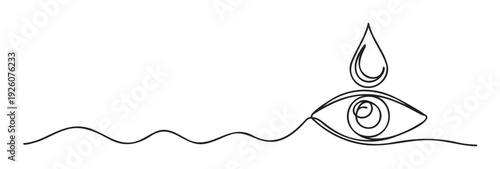 Continuous line drawing of an eye with a water drop above it and a wavy line flowing below, perfect for environmental, health, or wellness brand identity and graphic communication.