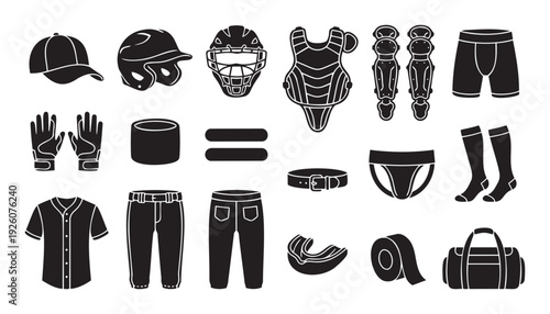 Essential baseball player uniform and protective equipment collection featuring various apparel, headgear, padding, and accessories for sports merchandise, athletic training, or game day