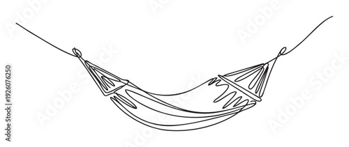 A continuous oneline drawing of a relaxing hammock symbolizing leisure and comfort, perfect for travel promotions, vacation advertisements, or serene lifestyle website graphics.