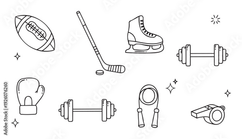 A versatile collection of sports and fitness equipment, featuring a football, ice hockey gear, ice skate, dumbbells, boxing glove, jump rope, and whistle, ideal for athleticthemed