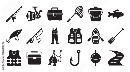 A comprehensive collection of essential fishing equipment icons and outdoor activity gear graphics perfect for hobby and sport related web applications or educational materials