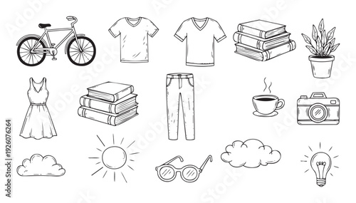 A collection of various hand drawn doodle items perfect for expressing different daily activities and lifestyle concepts for creative projects