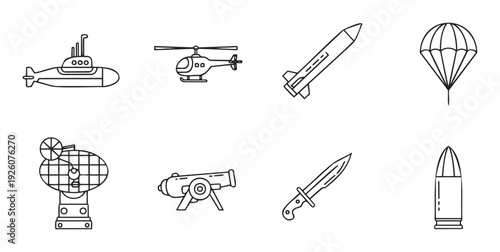 A collection of outlined military transportation vehicles, weapon systems, and soldier equipment symbols useful for warfare themed presentations or defense industry marketing materials.