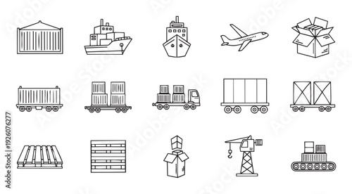 A comprehensive collection of outline icons representing various aspects of global logistics, freight transportation, and cargo handling operations, suitable for modern business