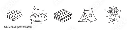 Collection of simple hand drawn doodle icons featuring a cozy blanket, fresh baked bread, stacked towels, outdoor camping tent, and a cheerful flower for various graphic and web applications