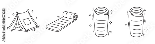 Essential camping gear outline icons featuring a tent, sleeping pad, and sleeping bags ideal for outdoor adventure promotions, travel content, or wilderness themed projects