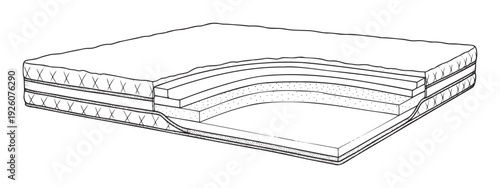 Detailed internal cross section view of a modern mattress showcasing various comfort layers and materials for product explanation, manufacturing guides, or bedding design concepts