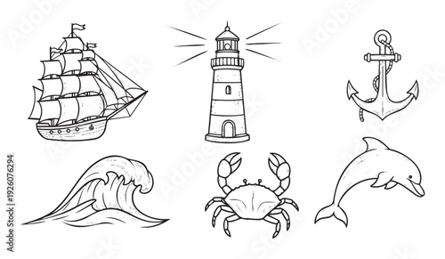 Explore the ocean with this versatile collection of maritime icons featuring a classic sailboat, guiding lighthouse, sturdy anchor, powerful wave, clever crab, and playful dolphin perfect