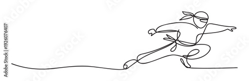 Dynamic continuous line drawing of a ninja in a powerful martial arts pose capturing agility and strength, perfect for sports training or combat skill graphic designs.