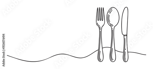 A simple continuous line drawing featuring essential dining utensils like a fork, spoon, and knife, perfect for restaurant branding, food service promotions, or culinary blog accents.