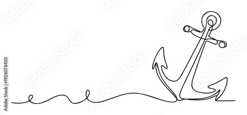A sleek one line drawing of a nautical ship anchor representing stability and journey, perfect for marine travel blogs, seafaring brand logos, or maritime event invitations.