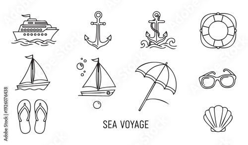 Ocean cruise voyage and beach vacation accessories presented as simple outline graphics perfect for travel company brochures tourism marketing materials or summer holiday promotions