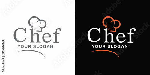 Chef with chef hat symbol and slogan on white and black backgrounds white background