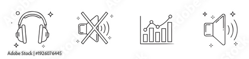 Essential line icons for audio control and data visualization including headphones, mute sound, volume speaker, and increasing graph suitable for modern digital interfaces and application