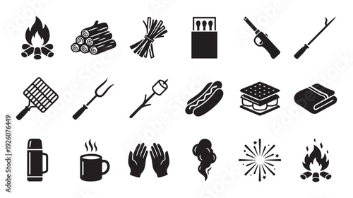 Collection of essential campfire and camping activity symbols including logs matches smores hot dogs and warming elements for outdoor recreation guides and leisure promotions