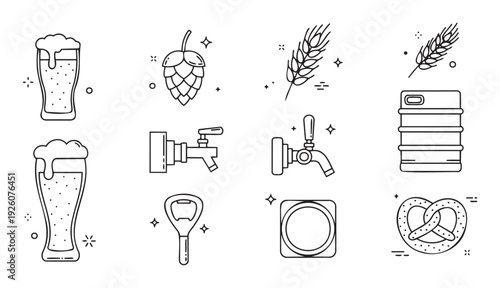 Essential beer and brewing icon collection showcasing frothy glasses, hops, wheat, keg, tap, bottle opener, cap, and pretzel perfect for pub or festival themed graphic projects.