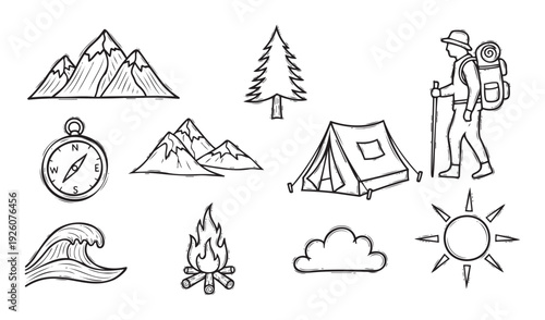 Collection of nature and outdoor adventure icons perfect for travel blogs, camping guides, or wilderness exploration themes, featuring mountains, a hiker, tent, compass, campfire, sun,