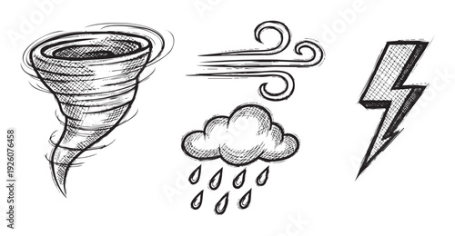 Hand drawn weather icons depicting a swirling tornado, strong blowing wind, a cloud with rain drops, and a striking lightning bolt for meteorology, education, or storm warning systems