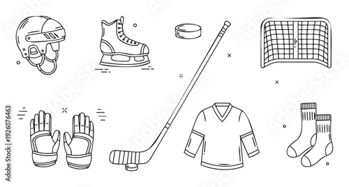 Collection of essential ice hockey equipment displayed as line icons for sportsthemed projects, web graphics, or educational material use