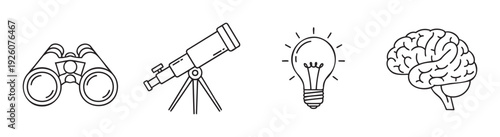 Essential tools for exploration and discovery with observation instruments a bright idea lightbulb and a human brain for conceptual science and learning visuals