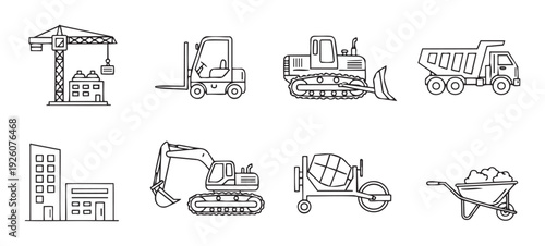 A comprehensive set of essential construction site equipment and building line icons, ideal for representing industrial operations, civil engineering, and urban development concepts.