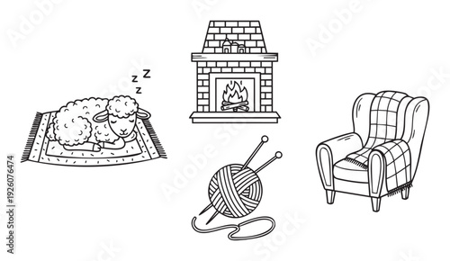 Collection of comforting home elements including a sleeping lamb on a textured rug, a warm fireplace with burning logs, a ball of yarn with knitting needles, and an armchair draped with a