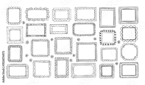 A collection of handdrawn decorative doodle frames in various shapes and sizes, perfect for scrapbooking, journaling, invitations, and wedding stationery projects.