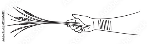 A human hand grasping a bundle of grain stalks with a prominent barcode on the wrist, symbolizing agriculture, harvest, food production, and global supply chain management for various