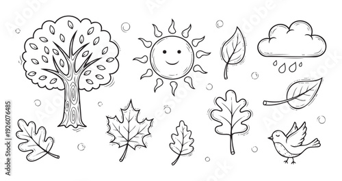 Collection of hand drawn nature elements including a tree smiling sun rainy cloud diverse autumn leaves and a flying bird perfect for educational materials and childrens activities