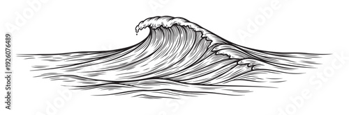 Dynamic black and white wave drawing capturing the power and movement of the ocean, perfect for surf shop graphics, summer vacation themes, or marine environment projects.